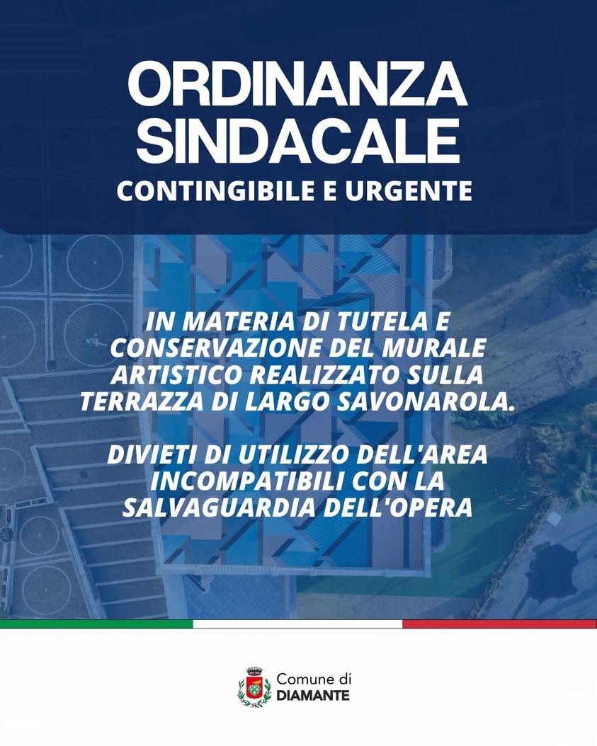 È stata pubblicata sull’Albo Pretorio del Comune di Diamante l’ordinanza in materia di tutela e conservazione del murale...