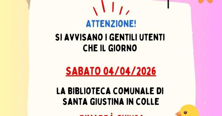 AVVISO CHIUSURA BIBLIOTECA SABATO 04/04/2026