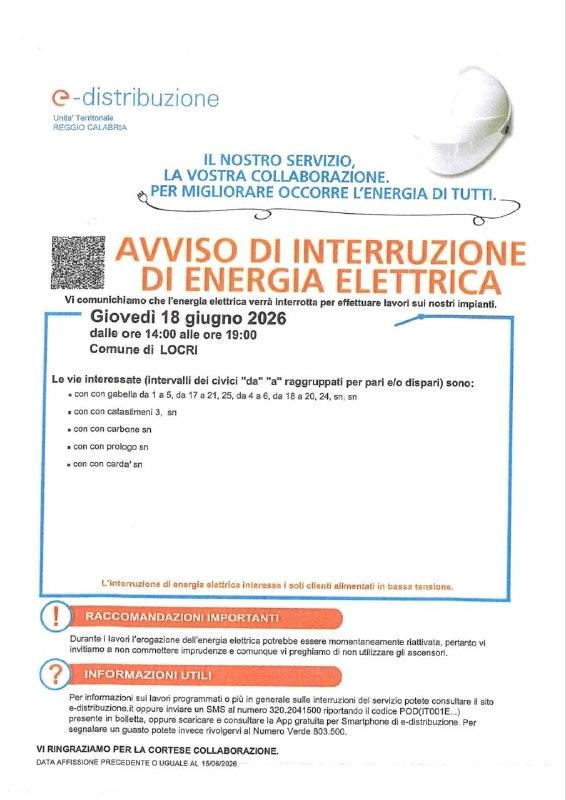 Comunichiamo che l'energia elettrica verrà interrotta per effettuare lavori sui nostri impianti. Giovedì 18 giugno 20 -2...