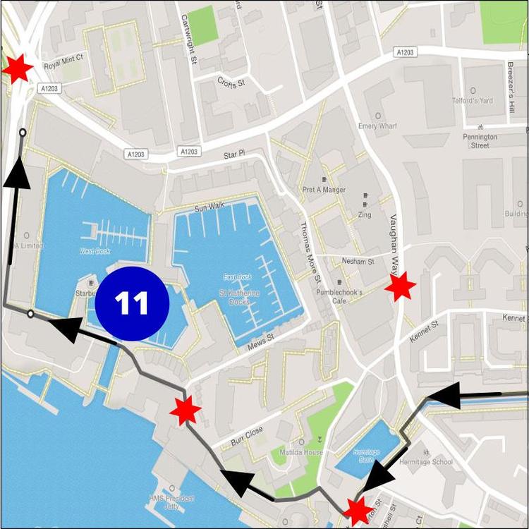 Part 21 of the London Cycle Canary Wharf & Olympic Park to Hermitage Basin following Cycle Route 13 onto Wapping High Street
