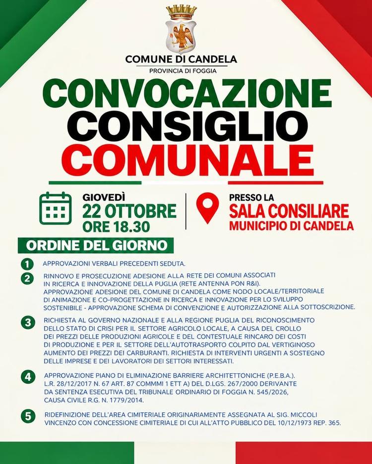 𝐂𝐎𝐍𝐕𝐎𝐂𝐀𝐙𝐈𝐎𝐍𝐄 𝐂𝐎𝐍𝐒𝐈𝐆𝐋𝐈𝐎 𝐂𝐎𝐌𝐔𝐍𝐀𝐋𝐄 📅 Questa sera, 22 ottobre 🕑 ore 18.30 📍 Aula Consiliare...