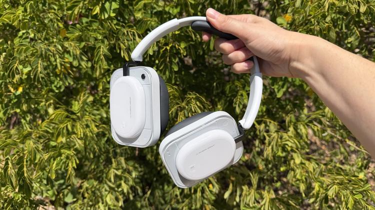person holding white nothing headphone (a) headphones in front of a bush