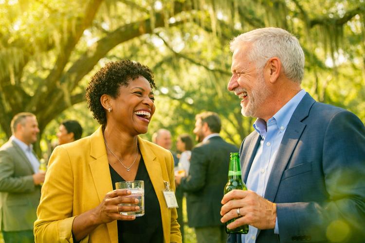 Local business professionals networking and building connections under live oak trees in North Charleston.