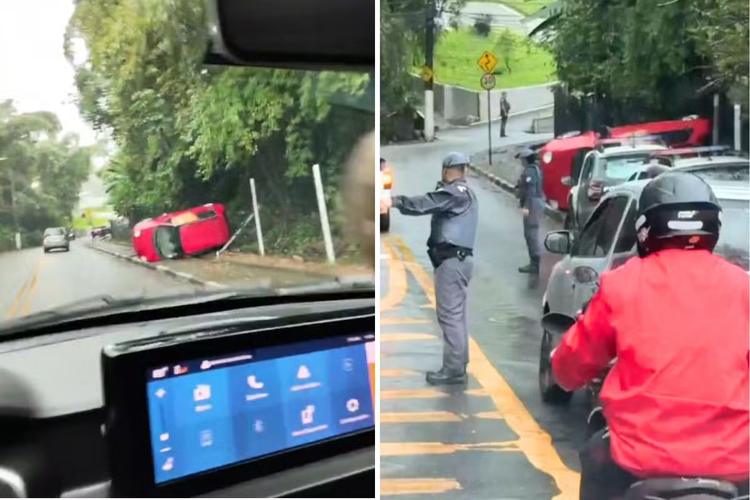 Carro capota e vai parar em cima de calçada no Morro Nova Cintra, em Santos; VÍDEO