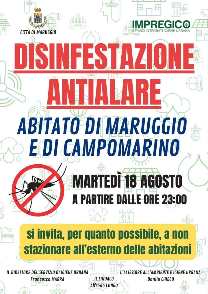 ⚠️ 𝗗𝗜𝗦𝗜𝗡𝗙𝗘𝗦𝗧𝗔𝗭𝗜𝗢𝗡𝗘 𝗔𝗡𝗧𝗜𝗔𝗟𝗔𝗥𝗘 🦟 Si informa la cittadinanza che la notte tra martedì 18 agosto e...