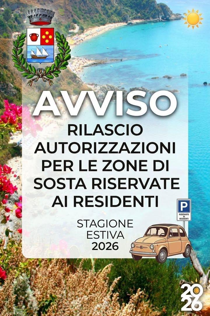 📢 AVVISO – RILASCIO AUTORIZZAZIONI PER LE ZONE DI SOSTA RISERVATE AI RESIDENTI – STAGIONE ESTIVA 2026 VISTA la Delibera...