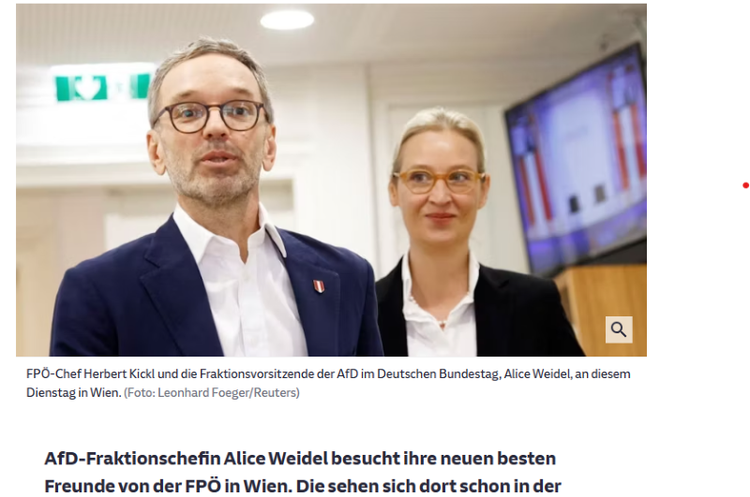 Regelmäßige Treffen in Wien und Kooperation: FPÖ-Klubobmann Herbert Kickl und AfD-Fraktionsführerin Alice Weidel (2023). In Deutschland bleibt die AfD unter Beobachtung des Verfassungsschutzes. Bild: Screenshot SZ