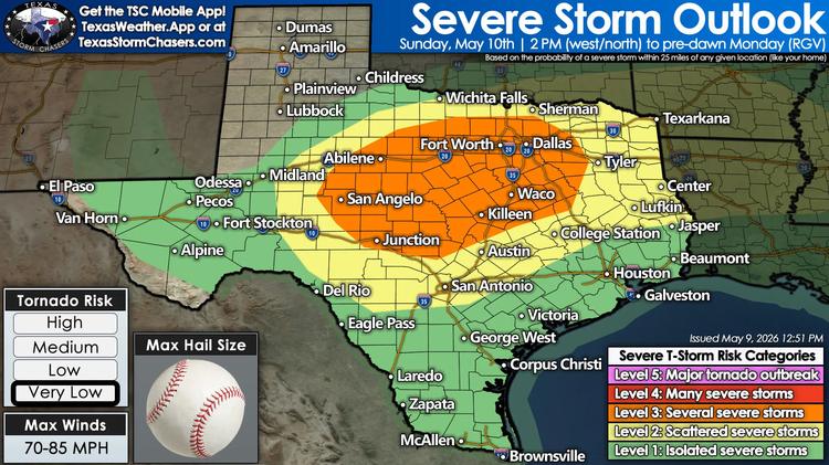 Very Large Hail, Damaging Winds Possible in Texas on Sunday