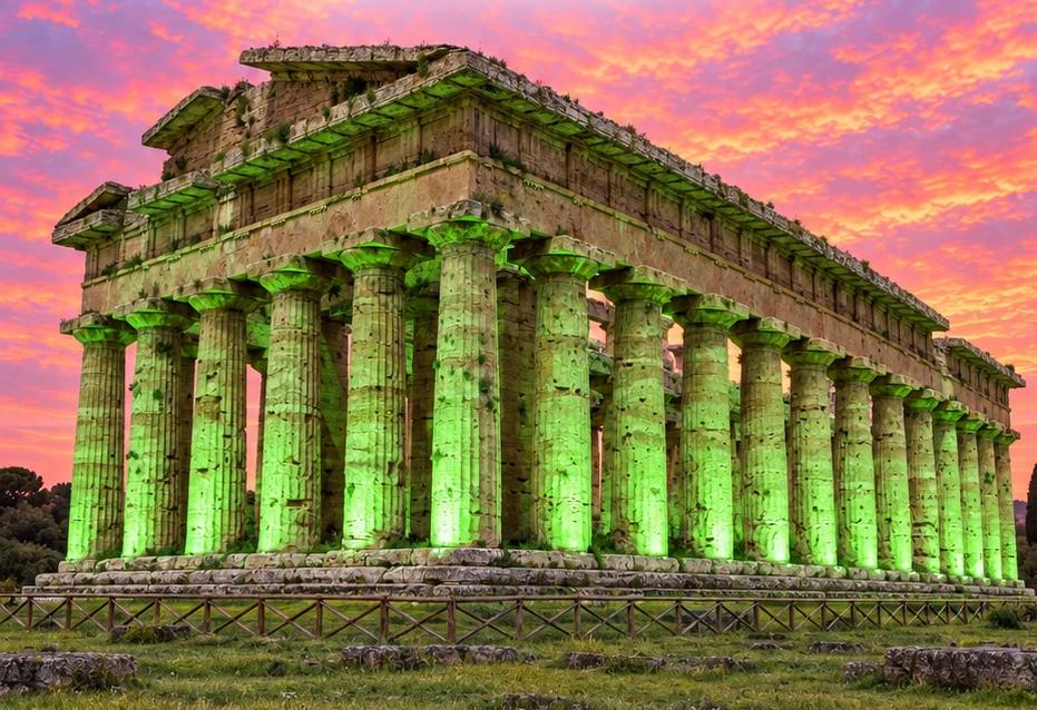 Paestum, il Tempio di Nettuno si illumina di verde per la Giornata SLA: siglato il patto per l’accessibilità