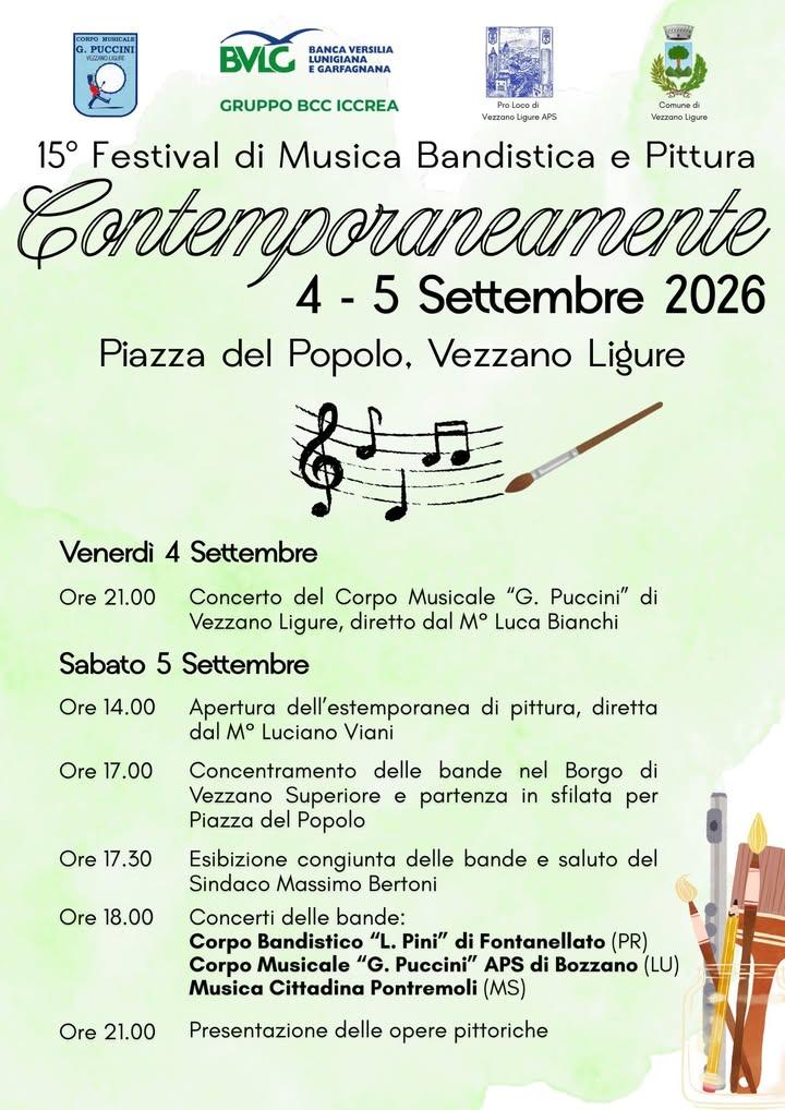 Venerdì 4 e sabato 5 settembre il Corpo Musicale "G. Puccini" di Vezzano Ligure organizza la XV edizione del Festival di...