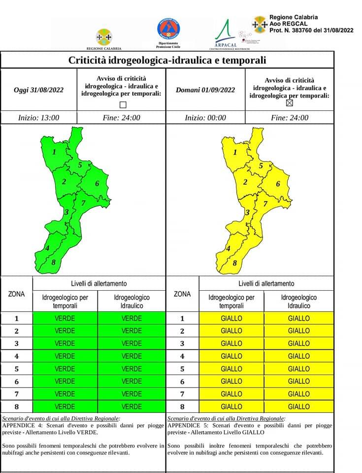 ⚠️🔔Allerta gialla su tutta la Calabria prevista per la giornata di domani 1 settembre 2022⛈️⚡ - Protezione Civile Regione Calabria