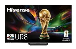 Hisense UR8 TV with colorful screensaver featuring trophy