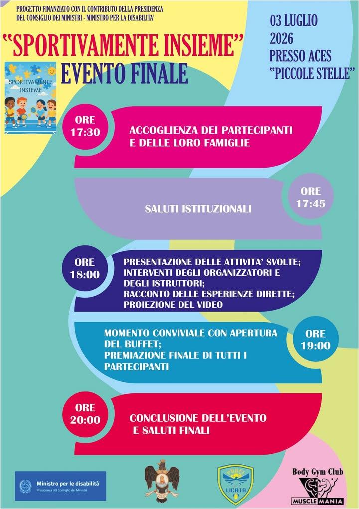 📢 EVENTO FINALE – PROGETTO "SPORTIVAMENTE INSIEME" Si terrà il 3 luglio 2026 l'evento conclusivo del progetto "Sportiva...