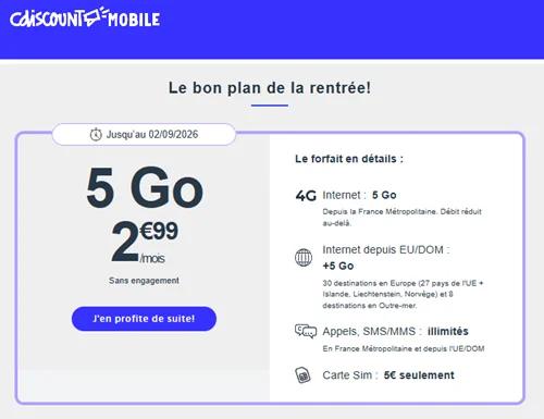 🕵️ CDiscount Mobile, forfait illimité/5Go à 3€/mois
