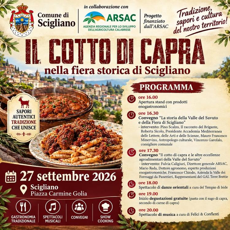 🐐 IL COTTO DI CAPRA – NELLA FIERA STORICA DI SCIGLIANO 🐐 📅 Domenica 27 settembre 2026 📍 Scigliano – Piazza Carmine G...