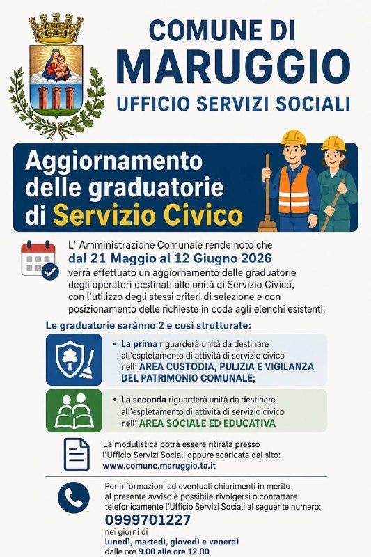 Aggiornamento delle graduatorie di Servizio Civico L' Amministrazione Comunale rende noto che dal 21 Maggio al 12 Giugno...