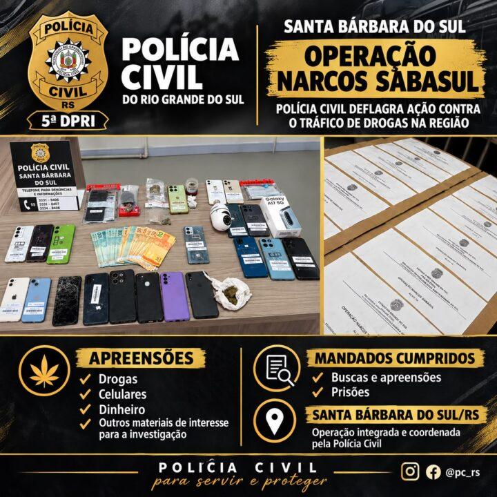 Operação Narcos Sabasul é deflagrada na cidade de Santa Bárbara do Sul e resulta em prisões, apreensões de drogas e dinheiro