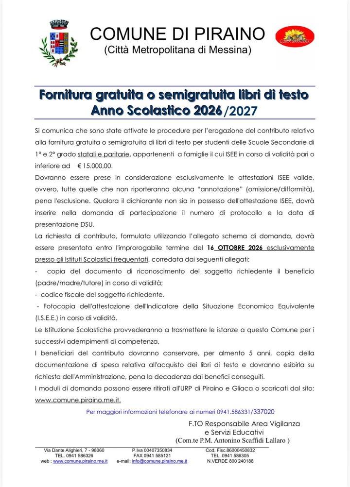 📚Fornitura gratuita o semigratuita libri di testo Anno Scolastico 2026/2027 📄Domanda👉🏻 https://www.comune.piraino.me...