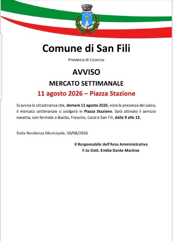 Avviso - Mercato settimanale - Si comunica che il mercato domani si svolgerà eccezionalmente presso Piazza Stazione. Sar...