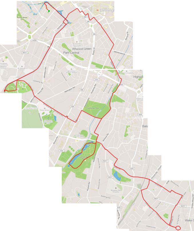 Route overview of the Moseley Village and Cannon Hill Park Cycle route