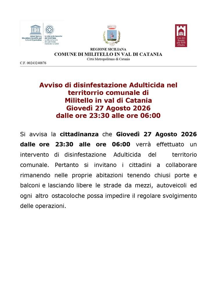 Avviso di disinfestazione Adulticida nel territorrio comunale di Militello in val di Catania Giovedì 27 Agosto 2026 dall...