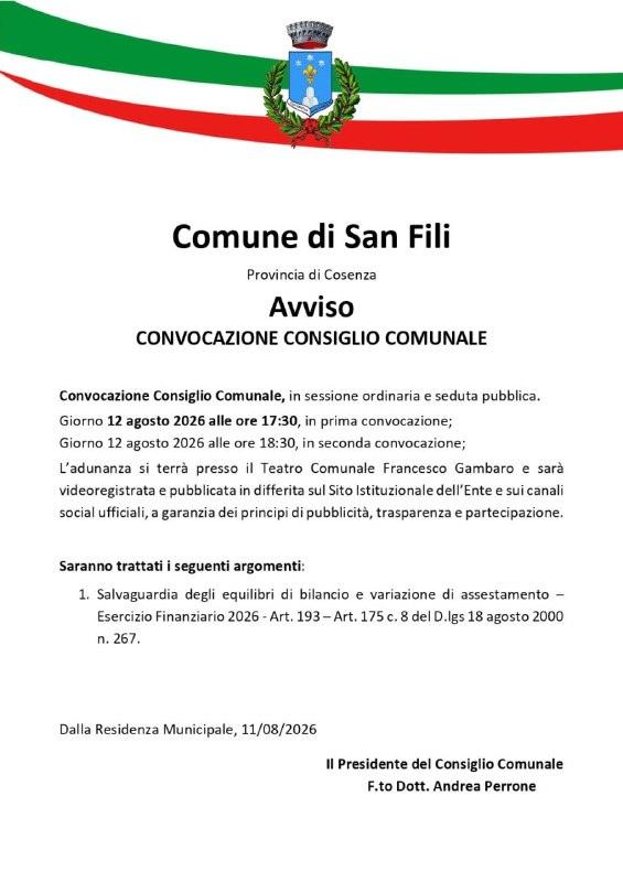 𝐀𝐯𝐯𝐢𝐬𝐨 - 𝐂𝐨𝐧𝐯𝐨𝐜𝐚𝐳𝐢𝐨𝐧𝐞 𝐂𝐨𝐧𝐬𝐢𝐠𝐥𝐢𝐨 𝐂𝐨𝐦𝐮𝐧𝐚𝐥𝐞 📌 12 agosto 2026 - ore 17:30