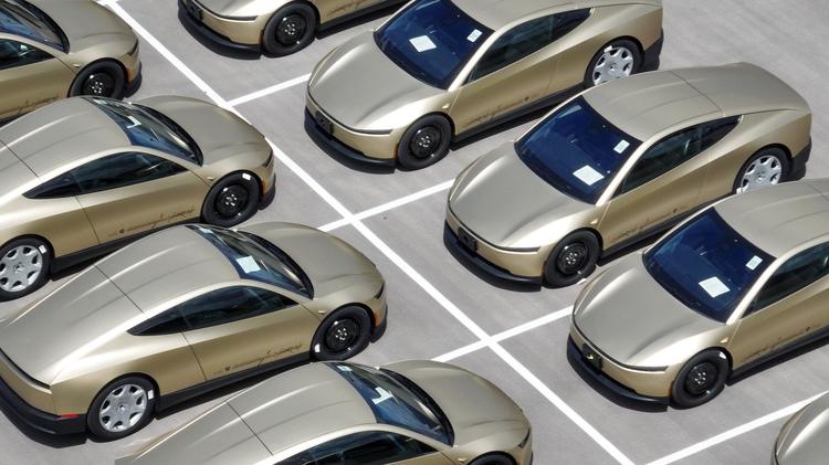 Tesla Cybercabs lined up at Giga Texas in Austin, on Apr. 8, 2026.