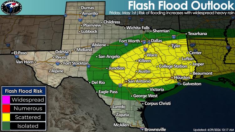 Texas flash flood outlook map for Friday, May 1, showing scattered flash flood risk across Central, North, East, and Southeast Texas as widespread heavy rain increases.