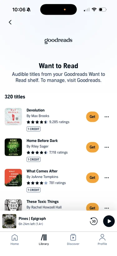 screenshot of Goodreads list on audible app