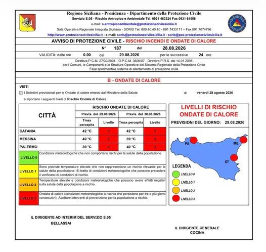 📌AVVISO DI PROTEZIONE CIVILE: RISCHIO INCENDI E ONDATA DI CALORE Il Dipartimento Regionale della Protezione Civile ha d...