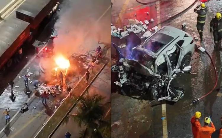 Acidente deixa carro em chamas na GO-020; vídeo