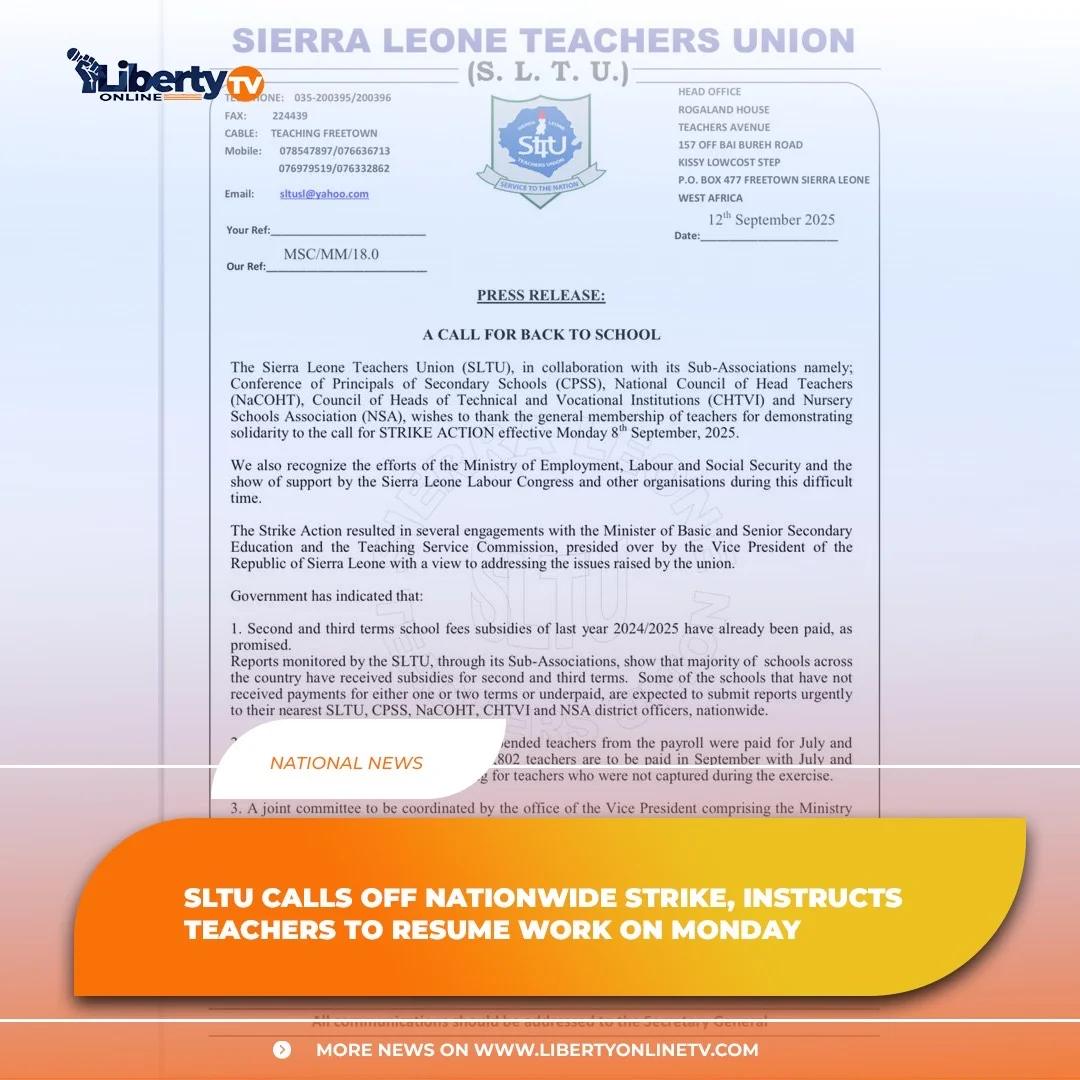 𝐒𝐋𝐓𝐔 𝐂𝐀𝐋𝐋𝐒 𝐎𝐅𝐅 𝐍𝐀𝐓𝐈𝐎𝐍𝐖𝐈𝐃𝐄 𝐒𝐓𝐑𝐈𝐊𝐄, 𝐈𝐍𝐒𝐓𝐑𝐔𝐂𝐓𝐒 𝐓𝐄𝐀𝐂𝐇𝐄𝐑𝐒 𝐓𝐎 𝐑𝐄𝐒𝐔𝐌𝐄 𝐖𝐎𝐑𝐊 𝐎𝐍 𝐌𝐎𝐍𝐃𝐀𝐘