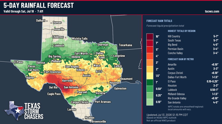 Five-day Texas rainfall forecast valid through Saturday morning, July 18, showing the highest totals across the Hill Country, South Texas, Big Bend, Permian Basin, and Concho Valley.