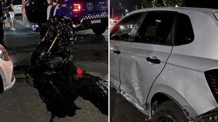 Motociclista é arremessado após bater em carro em cruzamento de avenida em São Roque