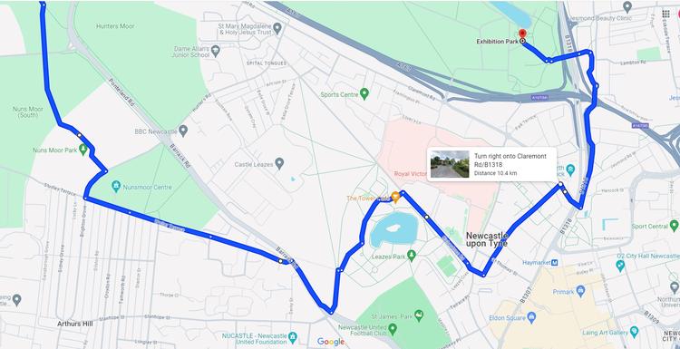 Part 5 of the 11.5km Newcastle Cycle Route: Wylam Brewery, Leazes Park from Nuns Moor South, through Leazes Park to Exhibition Park