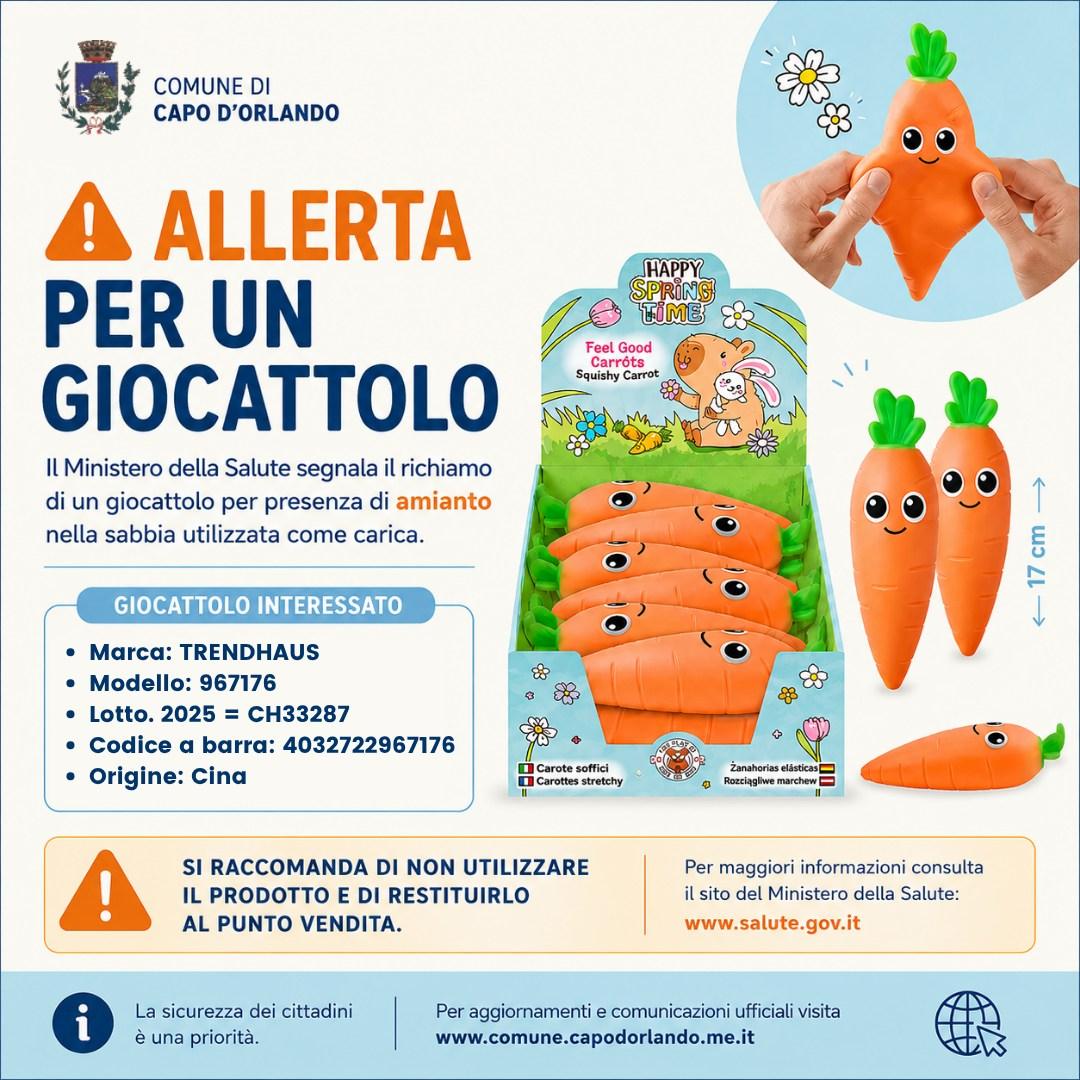 ⚠️ Allerta per un giocattolo con sabbia contaminata da amianto Si informa la cittadinanza che è stato segnalato dal Mini...