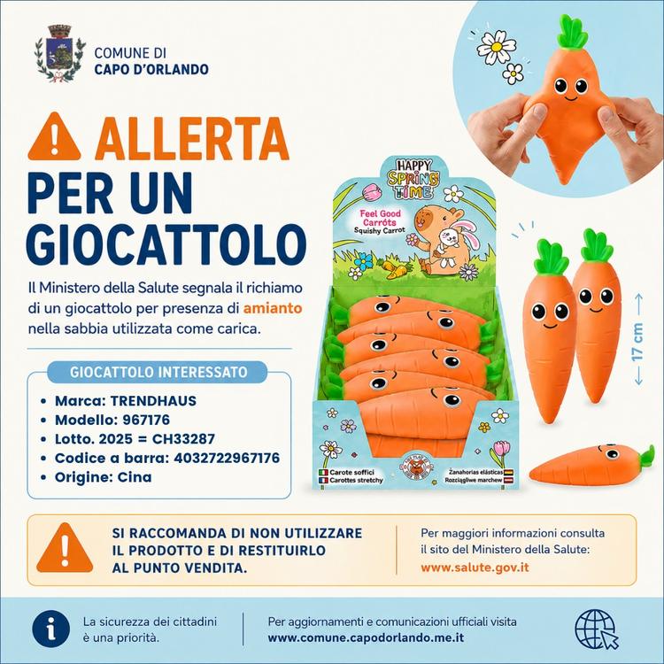 ⚠️ Allerta per un giocattolo con sabbia contaminata da amianto Si informa la cittadinanza che è stato segnalato dal Mini...