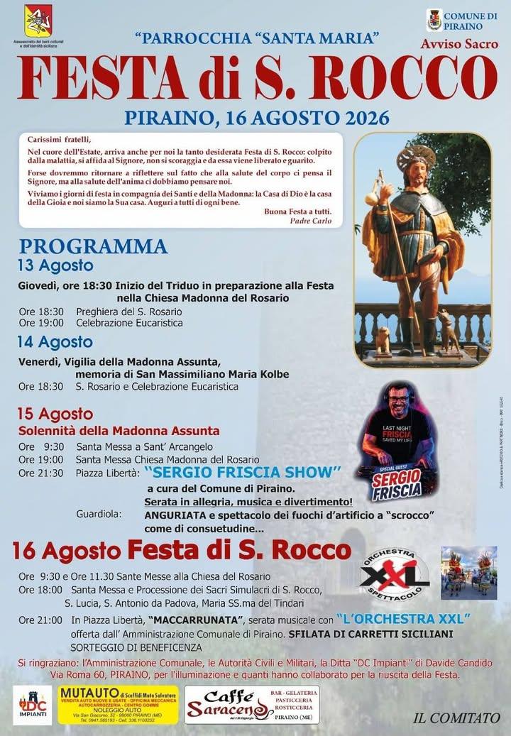🎉Festa di San Rocco 🙏🏻  📍Piraino - Centro Storico  🗓️13-16 agosto 2026