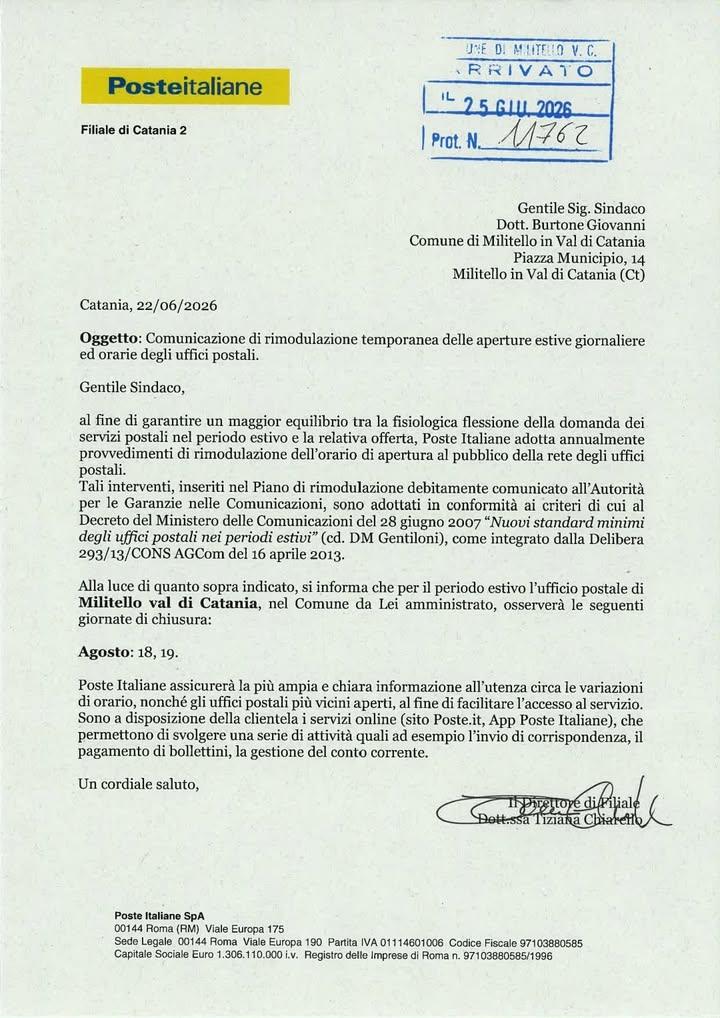 Comunicazione di rimodulazione temporanea delle aperture estive giornaliere ed orarie degli uffici postali