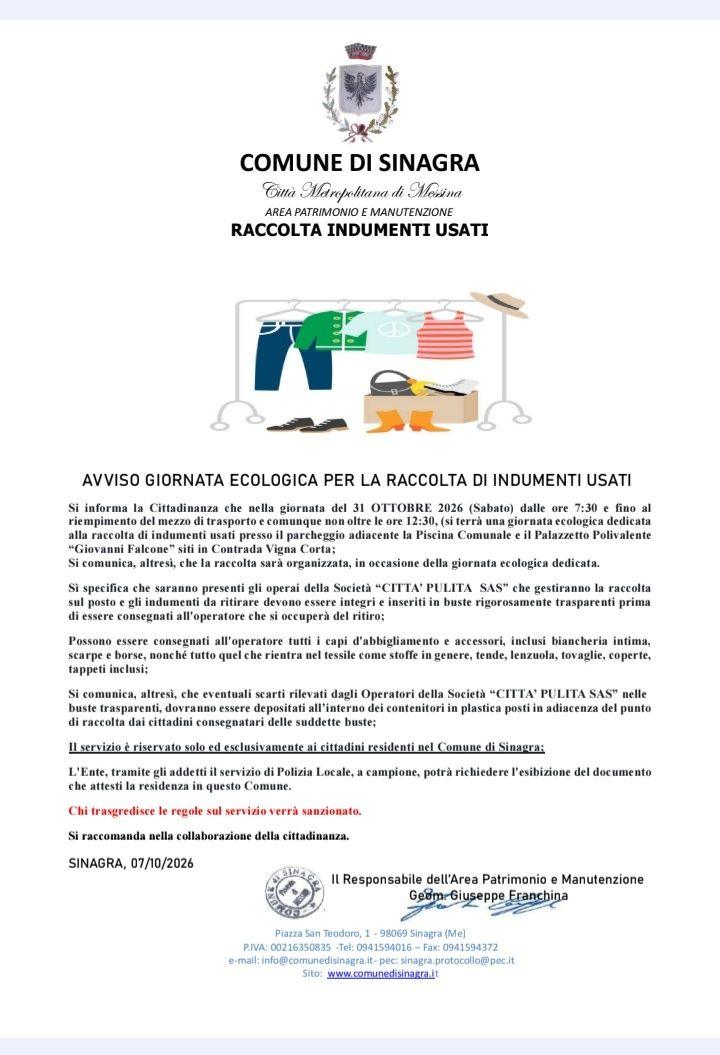 🚮 AVVISO GIORNATA ECOLOGICA PER LA RACCOLTA DI INDUMENTI USATI 🚮 ▶️ Si informa la Cittadinanza che nella giornata del...