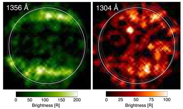 Hubble-Aufnahmen von Ganymed im UV-Spektrum offenbarte 1998 Polarlichtbänder. Copyright: SCIENCE: NASA, ESA, Lorenz Roth (KTH)