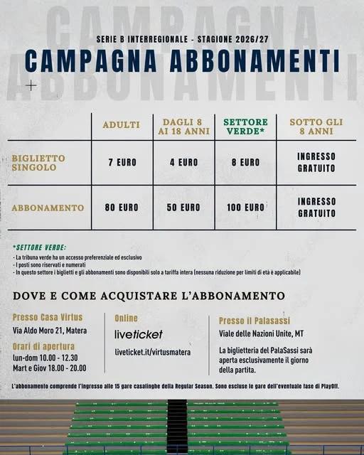 Basket B2/M, Virtus Matera: partita la campagna abbonamenti