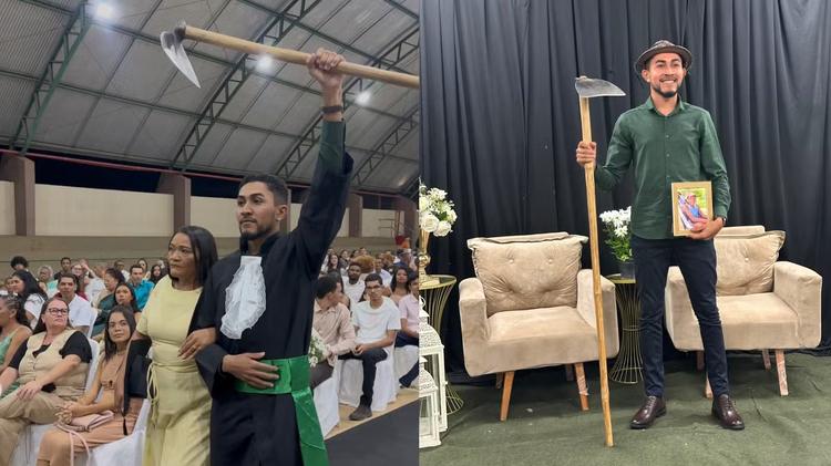 Jovem leva enxada e homenageia avô agricultor em formatura no PI: 'Queria que ele estivesse comigo'; vídeo