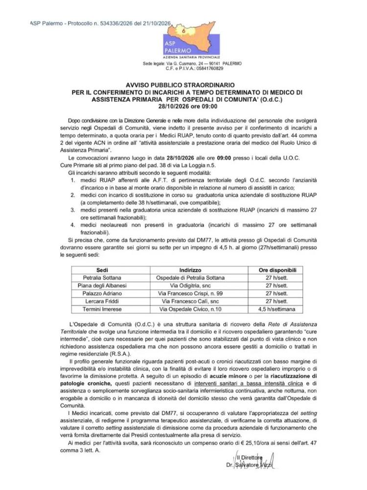 🟨AVVISO PUBBLICO STRAORDINARIO PER IL CONFERIMENTO DI INCARICHI A TEMPO DETERMINATO DI MEDICO DI ASSISTENZA PRIMARIA PE...