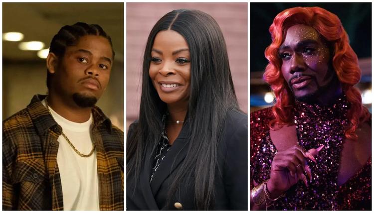Three portraits of Black individuals: a man with a beard wearing a plaid jacket, a woman with long straight black hair smiling, and a person with curly red hair wearing a sparkly purple outfit.