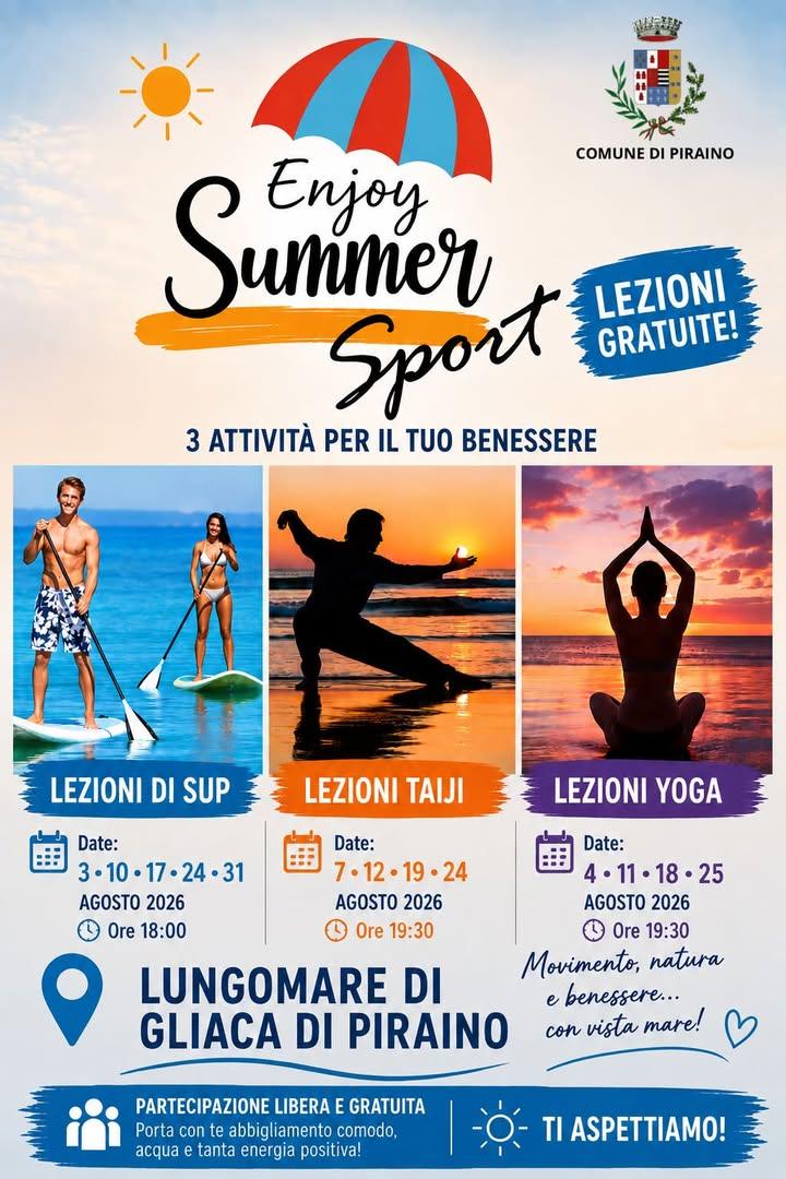 ☀️ 𝐄𝐧𝐣𝐨𝐲 𝐒𝐮𝐦𝐦𝐞𝐫 𝐒𝐩𝐨𝐫𝐭 𝟐𝟎𝟐𝟔 arriva sul Lungomare di Gliaca di Piraino! Lezioni gratuite di SUP, Taiji...