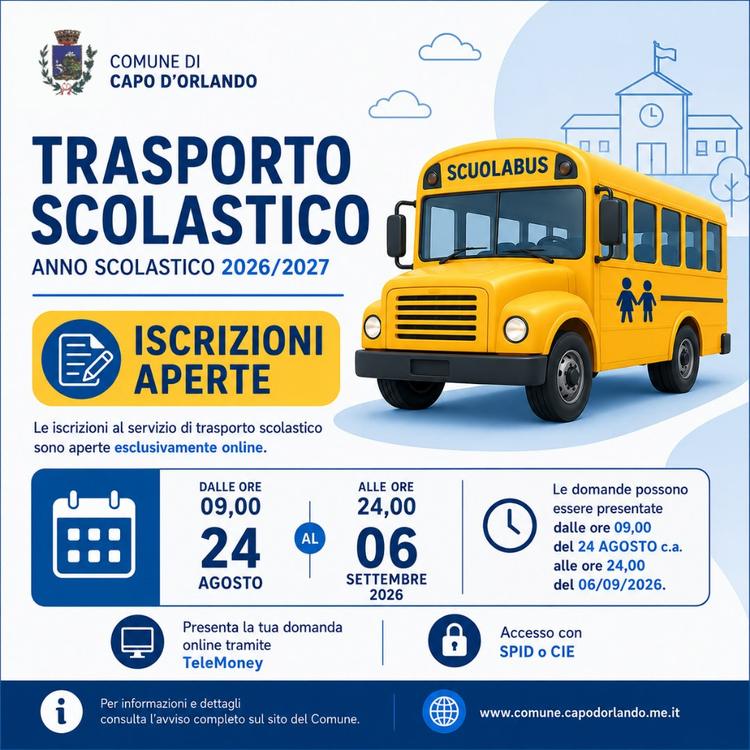 Trasporto scolastico: aperte le iscrizioni per l’anno scolastico 2026/2027 Le domande dovranno essere presentate esclusi...