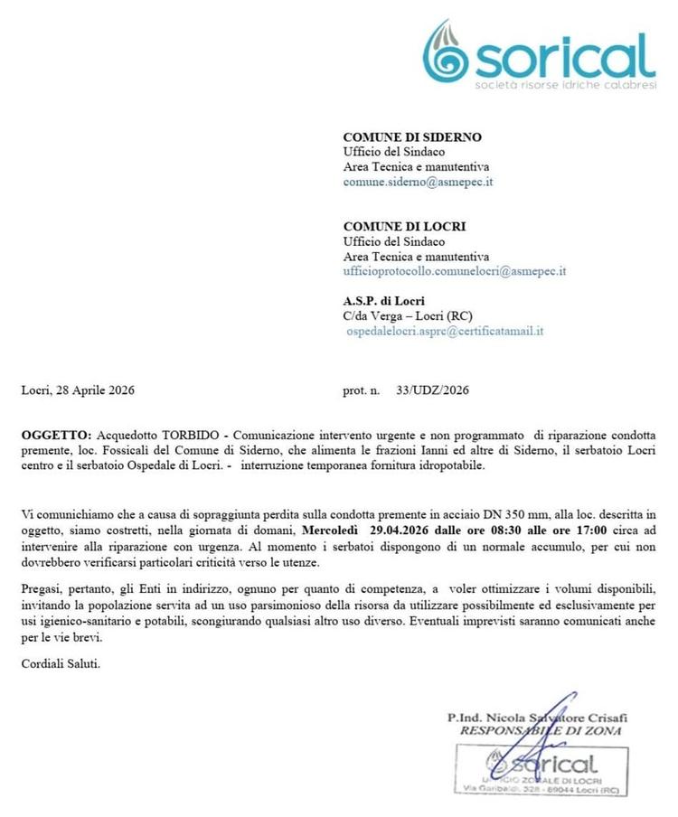 🔴 COMUNICAZIONE Sorical per mercoledì 2️⃣9️⃣ aprile 2026