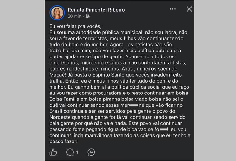 Procuradora de Macaé ataca petistas em post e sugere que empresas não contratem 'artistas, pobres nordestinos e mineiros'; polícia instaura inquérito
