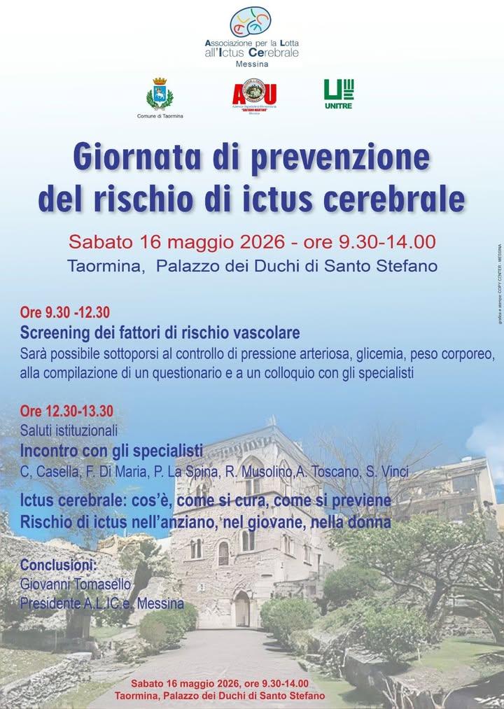 Taormina ospita una giornata di prevenzione del rischio di ictus cerebrale Sabato 16 maggio 2026, dalle ore 9.30 alle 14...